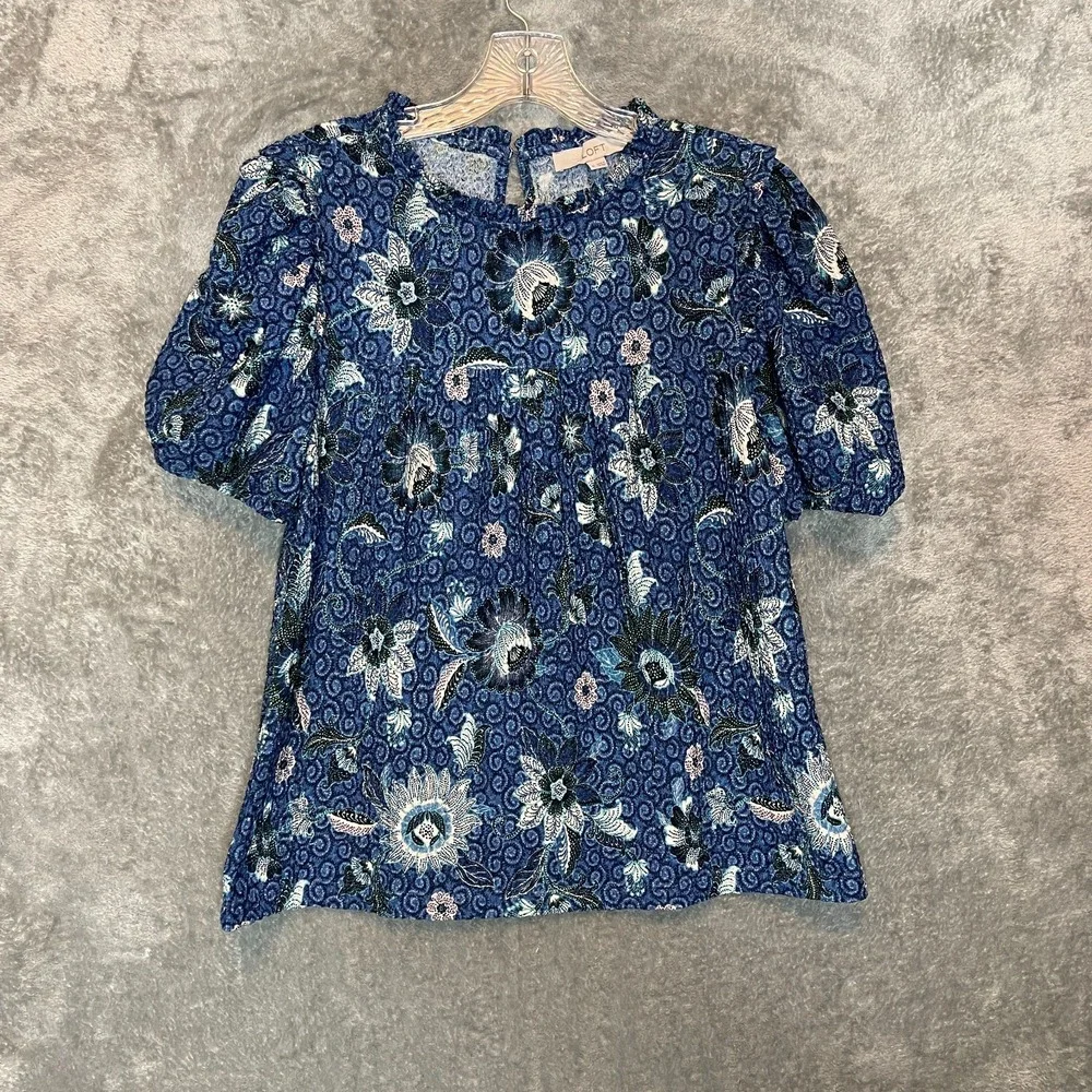 LOFT Women Floral A-Line Stretchy Knit Ruffle Puff Sleeve Office Top M Blue